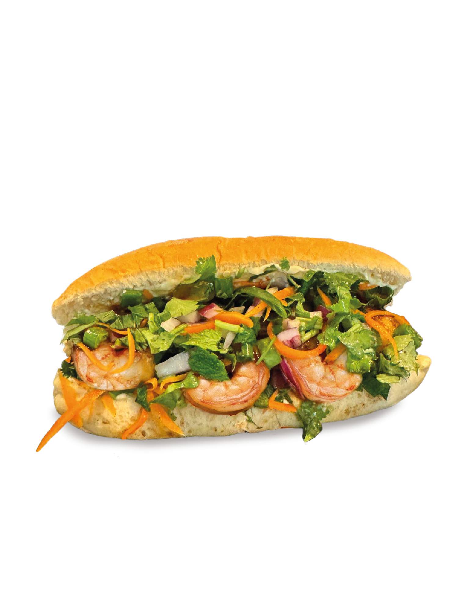 Bánh mì: Bagietka, 6 krewetek marynowanych w sosie azjatyckim, pikle z marchewki i cebulki, szczypior, świeża kolendra, mięta, sos słodkie chili i majonez