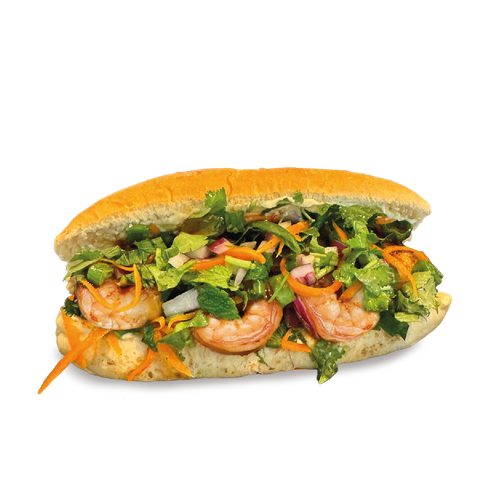 Bánh mì: Bagietka, 6 krewetek marynowanych w sosie azjatyckim, pikle z marchewki i cebulki, szczypior, świeża kolendra, mięta, sos słodkie chili i majonez