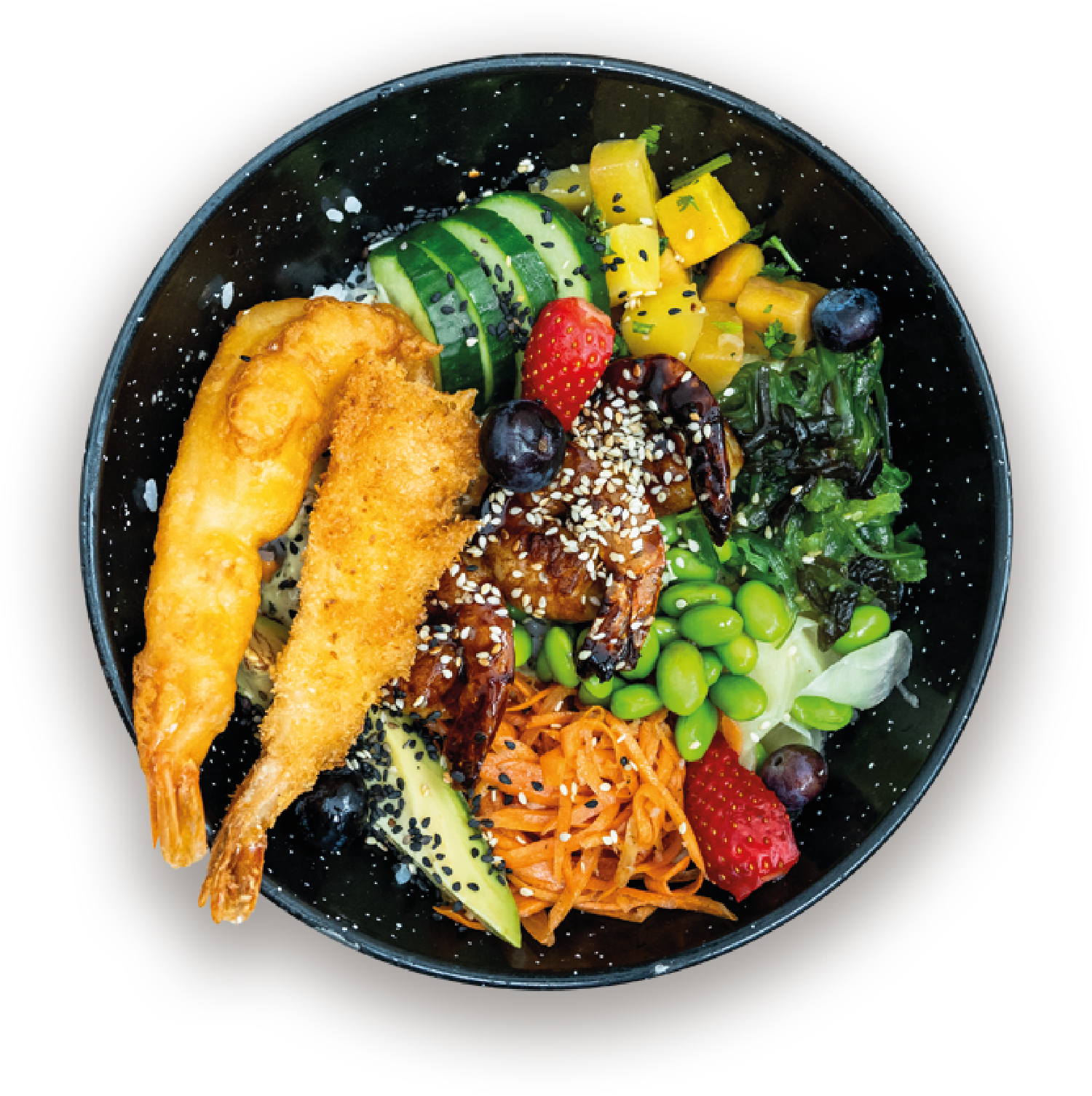Krewetkowy Bowl: Krewetki w sosie azjatyckim, tempura klasyczna i kokosowa, ryż, wakame, edamame, marchewka, ogórek, awokado, owoce, sos: imbirowy, wasabi mayo, sriracha