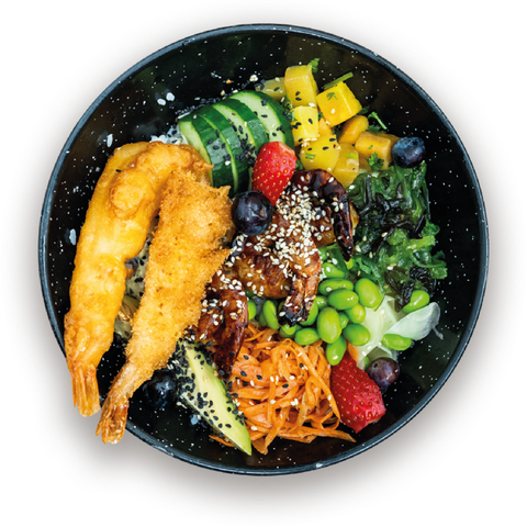 Krewetkowy Bowl: Krewetki w sosie azjatyckim, tempura klasyczna i kokosowa, ryż, wakame, edamame, marchewka, ogórek, awokado, owoce, sos: imbirowy, wasabi mayo, sriracha