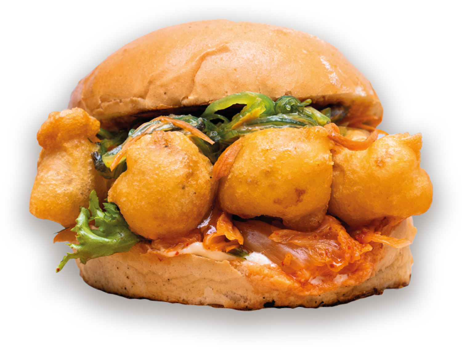 Burger Kimchi: Bułka pszenna, 5 krewetek w tempurze, sałata rzymska, sos czosnkowy, domowe kimchi, wakame, pikle z marchewki