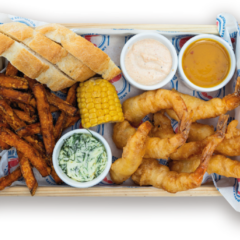 Tempura: 5 lub 8 krewetek tygrysich 16/20 w cieście, w zestawie z bagietką, masłem czosnkowym, kukurydzą, sosami: mango chili i czosnkowym