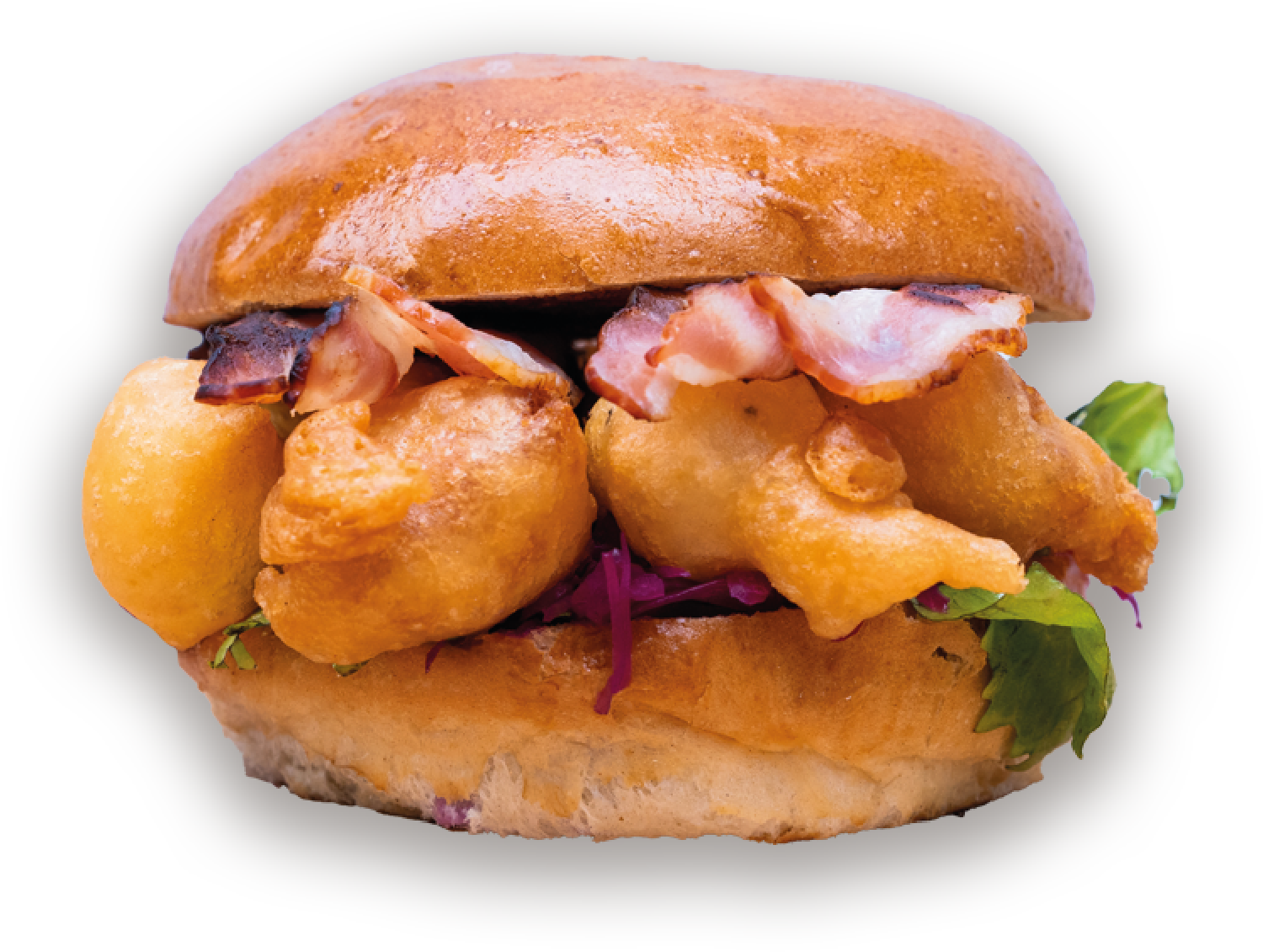 Burger Boczek: Bułka pszenna, 5 krewetek w tempurze, sałata rzymska, korean BBQ, majonez czosnkowy, pikle z kapusty, grillowany boczek