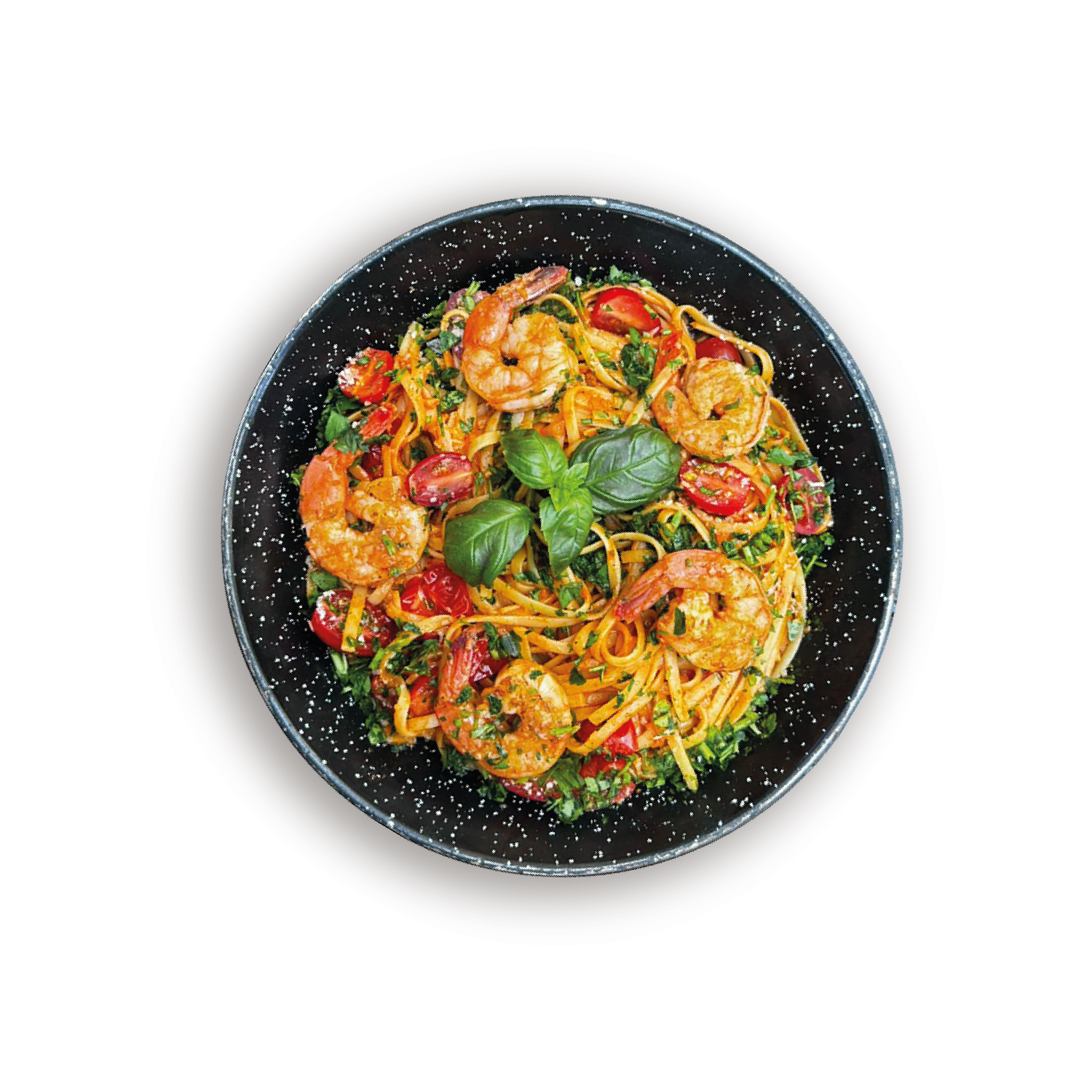 Italian Pasta: 5 lub 8 krewetek tygrysich 16/20, makaron (220g) z krewetkami w białym winie z czosnkiem, pietruszką, bazylią, pomidorkami koktajlowymi i parmezanem
