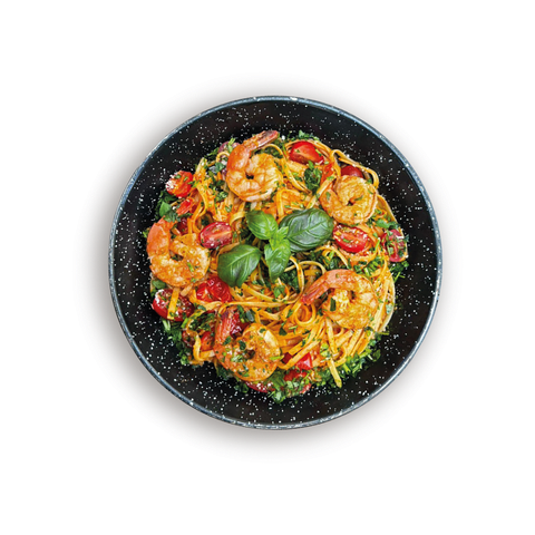 Italian Pasta: 5 lub 8 krewetek tygrysich 16/20, makaron (220g) z krewetkami w białym winie z czosnkiem, pietruszką, bazylią, pomidorkami koktajlowymi i parmezanem
