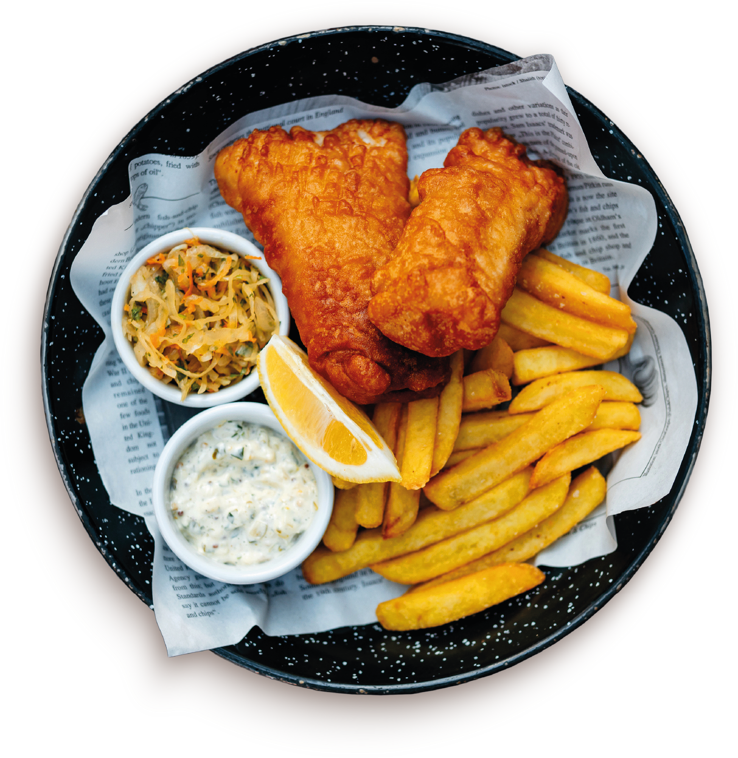 Fish and Chips: Polędwica z dorsza (200g) smażona w cieście piwnym, surówka z kapusty kiszonej, cytryna, sos tatarski