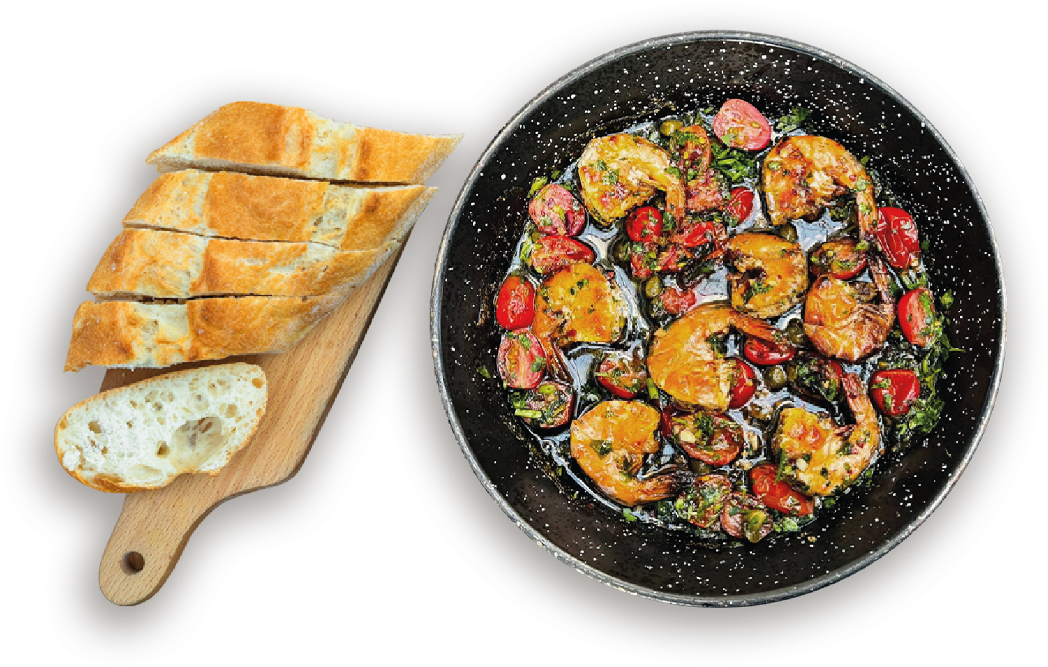 Krewetki w oliwie: 8 krewetek tygrysich 16/20 w oliwie z pomidorkami, kaparami, chili, oregano, w zestawie z bagietką