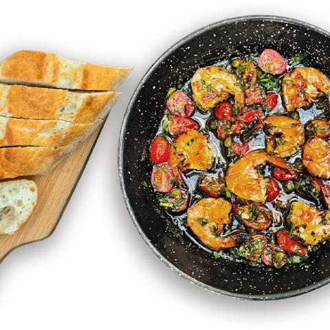 Krewetki w oliwie: 8 krewetek tygrysich 16/20 w oliwie z pomidorkami, kaparami, chili, oregano, w zestawie z bagietką