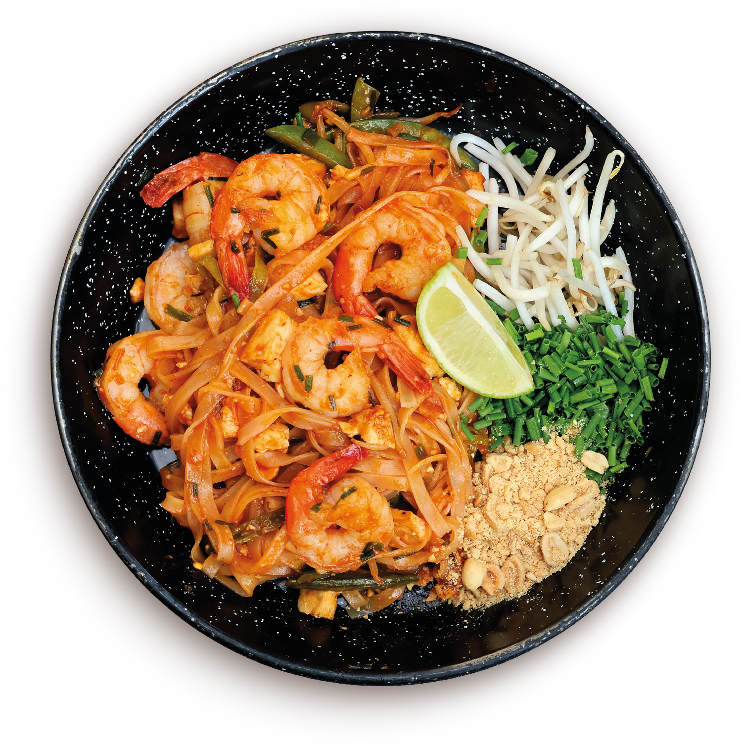 Pad Thai: 5 lub 8 krewetek tygrysich 16/20 lub tofu, makaron ryżowy (250g), groszek cukrowy, orzechy, szczypior, kiełki fasoli mung, tofu, sos pad thai z tamaryndowcem