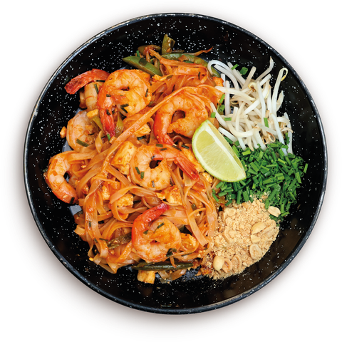 Pad Thai: 5 lub 8 krewetek tygrysich 16/20 lub tofu, makaron ryżowy (250g), groszek cukrowy, orzechy, szczypior, kiełki fasoli mung, tofu, sos pad thai z tamaryndowcem